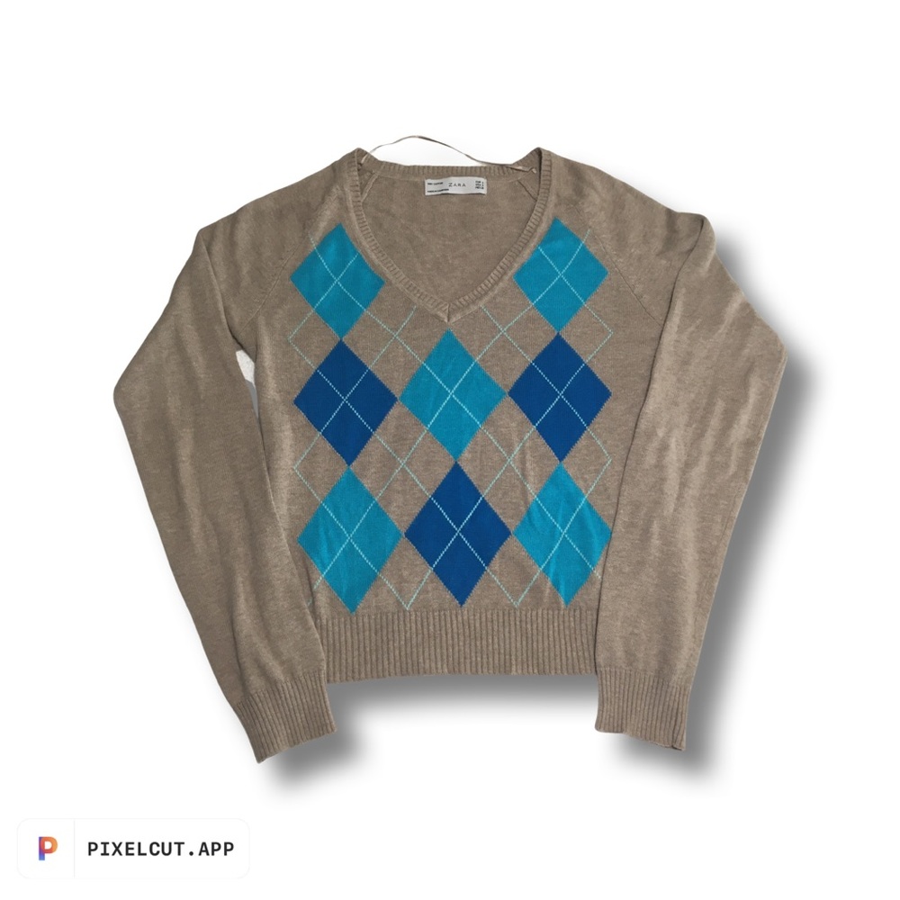 NWOT Zara Tan/Blue/Turquoise Argyle Sweater-Small